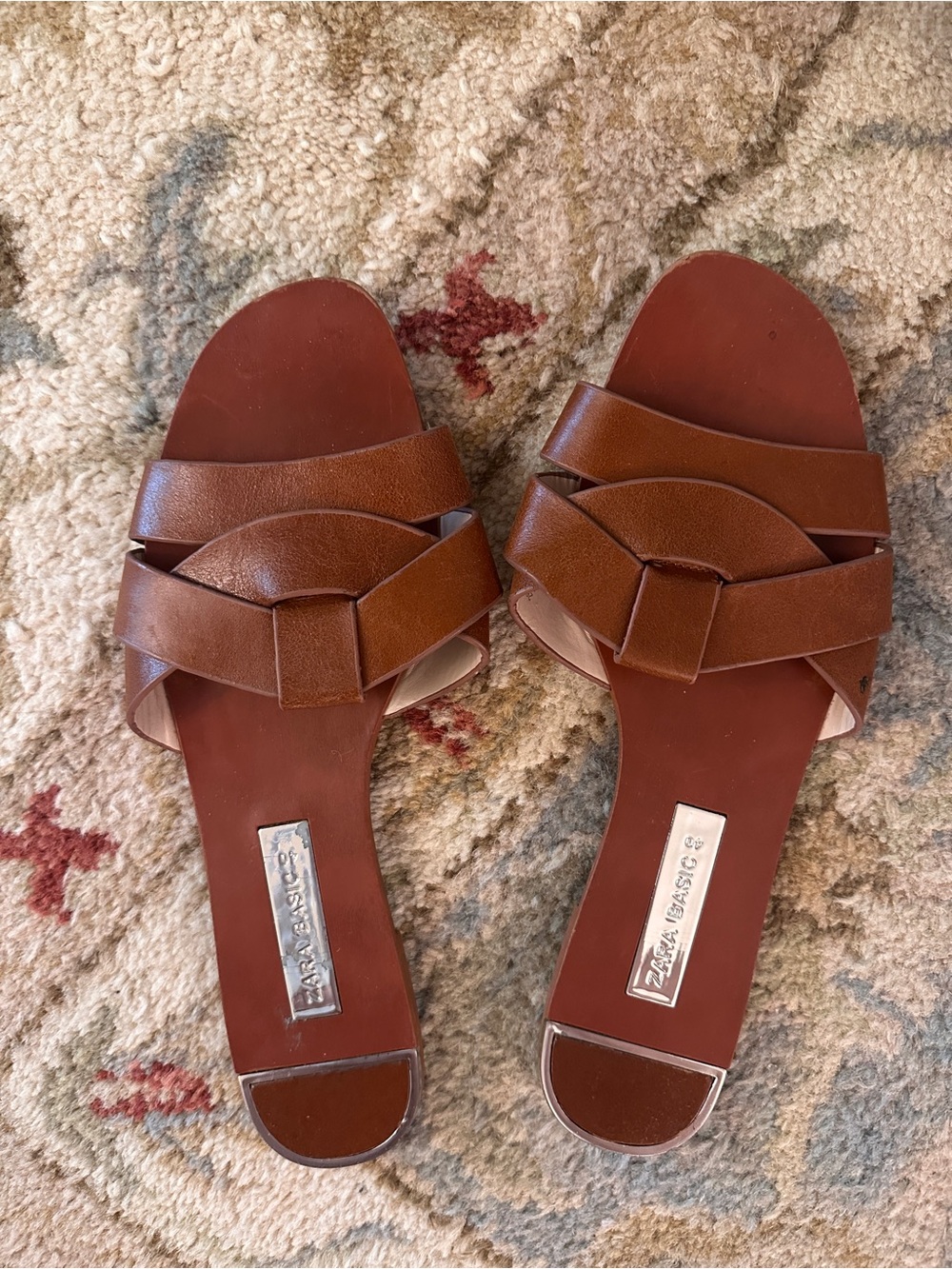 Zara Tan Brown Leather Slide Sandals